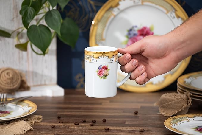 Porcelain Dinnerware Set for 1 - White with Gold 4 Piece Set Vintage Roses Design - Elegant Dinner Plates and Bowls - Dining Kitchenware for Home, Formal Occasions and Everyday Dishes