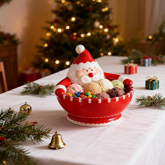 Santa Claus Candy Bowl Christmas Ceramic Snack Dish with Santa Hug Design, 6.5 Inch Holiday Dip Bowl for Candy, Nuts, Treats, Table Ornament or Gift