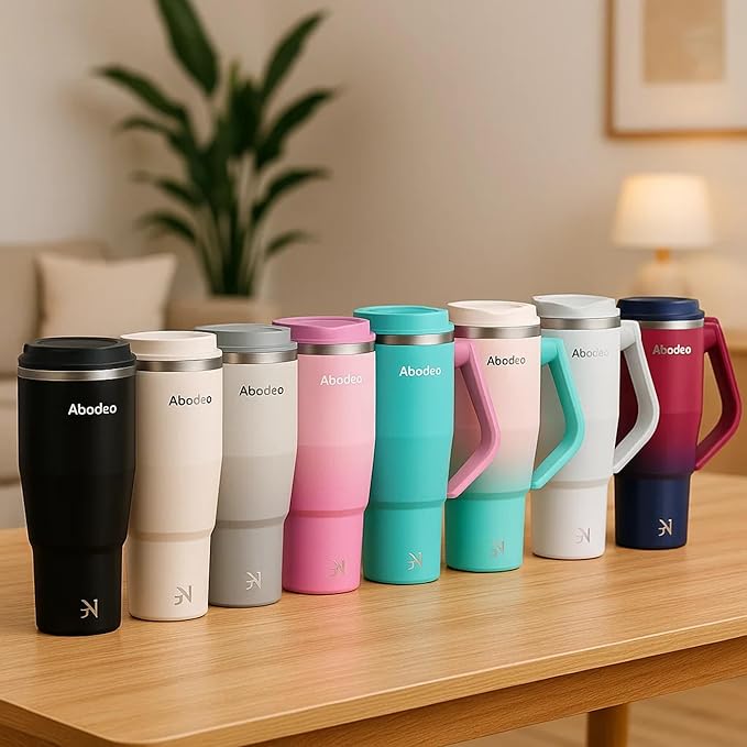 40 oz Insulated Coffee Tumbler with Handle, Straw, & Leak Proof Lid - Double Wall Flask, Reusable Travel Tumblers - Stainless Steel Coffee Mug- Fits Car Cup Holders (Dark & Light Grey)