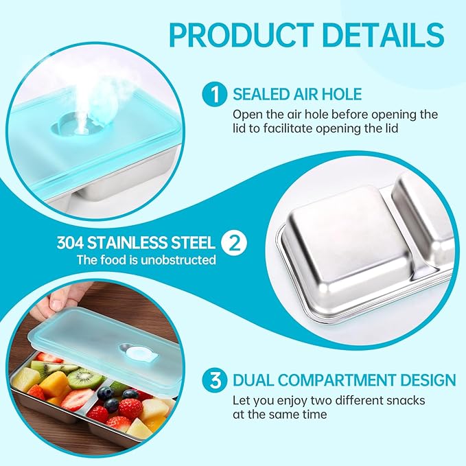 4 Pack Stainless Steel Snack Containers Reusable, Grab and Go 2 Compartment Food Storage Containers with Leakproof Lids for Travel and Outdoor Camping School Lunch Prep Dishwasher Safe 7.9" Size