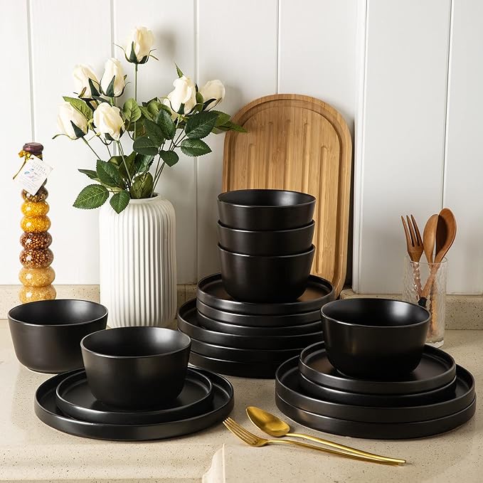 AmorArc Ceramic Plates Set of 6, Matte Glaze 8.0 Inch Dishes Set for Kitchen, Dessert,Salad,Appetizer, Small Dinner Plates, Microwave & Dishwasher Safe, Scratch Resistant, Matte Black