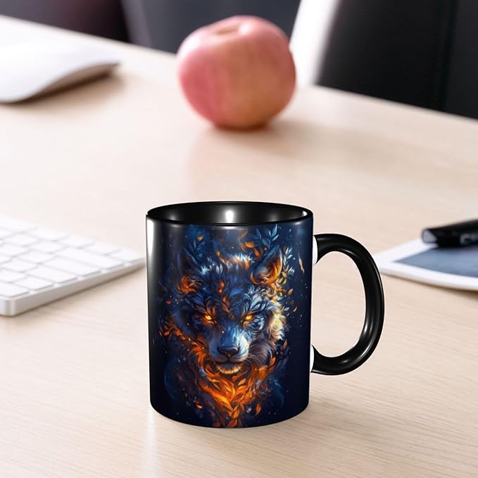 Yrebyou Wolf Coffee Mug Funny Tea Cup Ceramic Mugs 11OZ with Handle Gifts for Women Men Home Office Decor