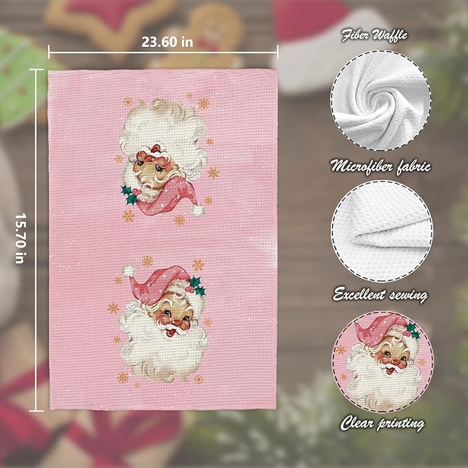 Pink Kitchen Accessories,Pink Kitchen Towels,Christmas Santa Claus Dish Towels Set of 2,Hand Towels for Bathroom,Gifts for Women,Housewarming Gifts 16×24 Inches