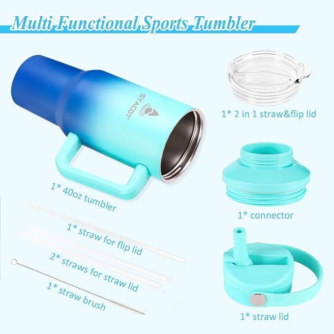 40 oz Tumbler with Handle and Straw or Convert to 40 oz Insulated Water Bottle Fits in Cup Holder. Stainless Steel Metal Water Flask with 2 Lids for Travel,Camping,Gym Sports Coffee Mug Thermal Cup