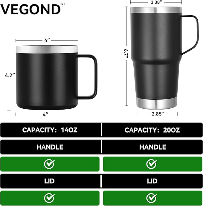 VEGOND 14 oz Insulated Coffee Mug with Handle, Stainless Steel Travel Coffee Mug with Lid, Double Wall Vacuum Metal Coffee Cup, Coffee Tumbler Powder Coated, Black 1 Pack