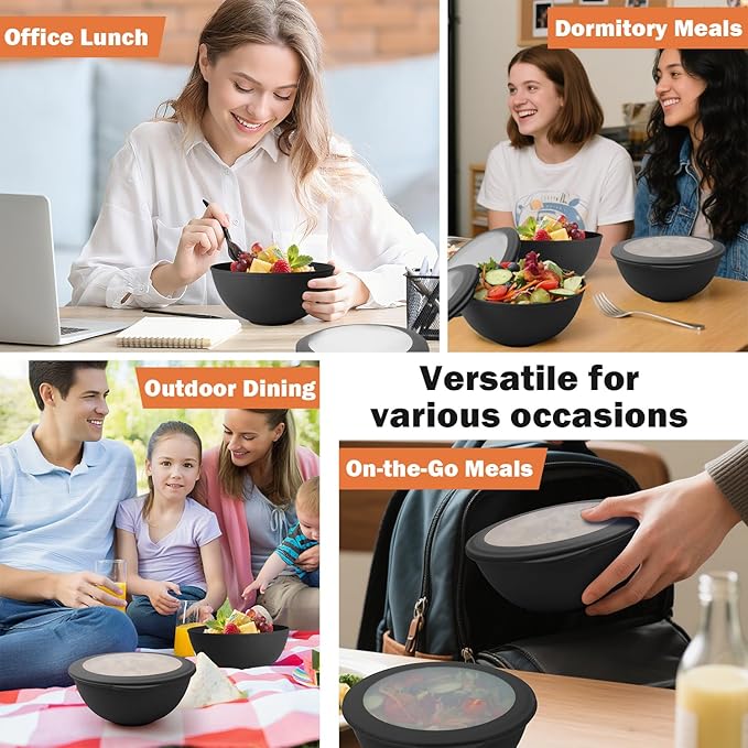 40 OZ Unbreakable Cereal Bowls with Lids, Wheat Straw Bowls Set of 4 with Unique Pattern, Reusable Plastic Bowl for Cereal, Soup, Salad and Ramen, Indoor & Outdoor Essentials, Black