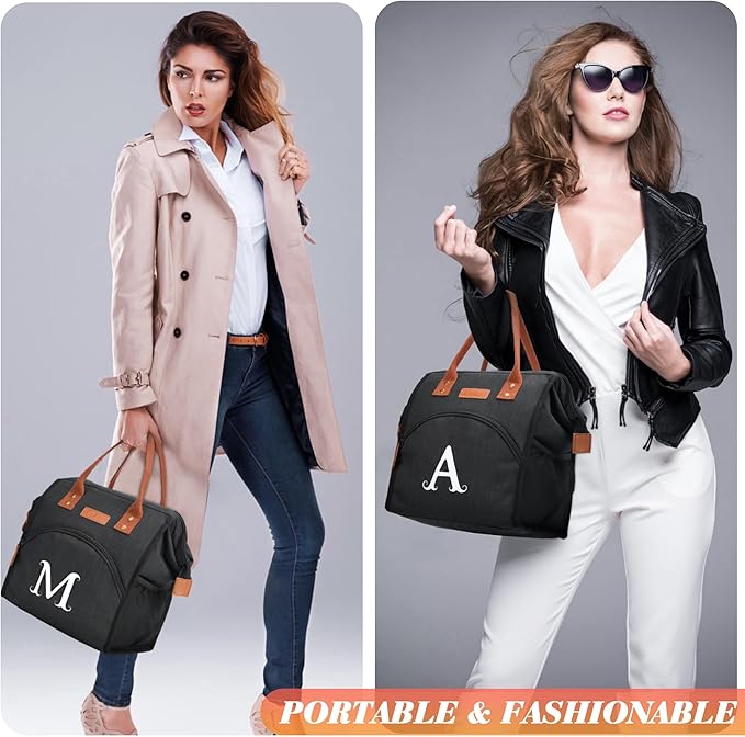 Personalized Lunch Box for Women, Initial Reusable Insulated Lunch Bag, Wide-Open Adult Lunchbox Cooler Lunchbag Snack Organizer, Initial Leakproof Lunch Tote Bag for Picnic Work Outdoors Black - O