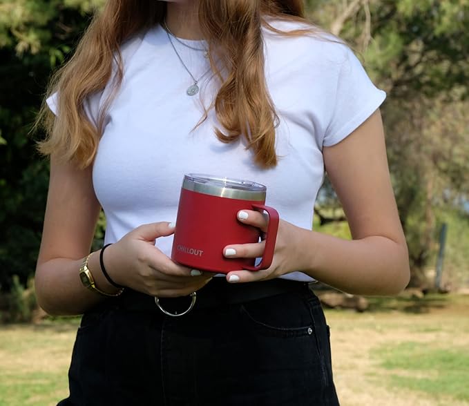 CHILLOUT LIFE Stainless Steel 16 oz Vacuum Insulated Coffee Mug with Handle and Lid, Large Thermal Camping Coffee Mug Cup with Durable Sliding Lid for Men & Women, Keeps your Beverages Hot & Cold