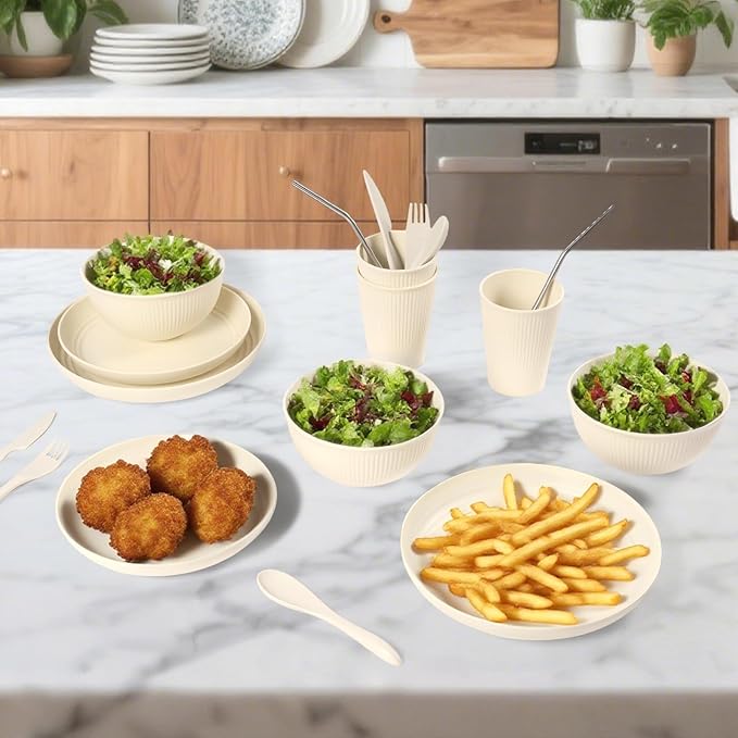 64PCS Wheat Straw Dinnerware Set for 8 BPA Free Kitchen Unbreakable Set for Home Outdoor Camping