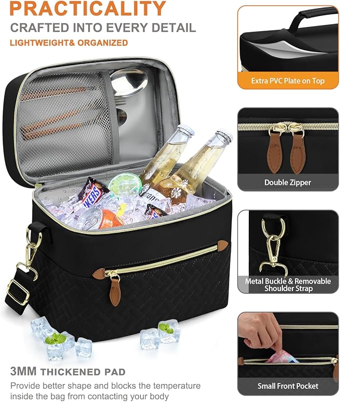 Capolo Lunch Box for Women Men Adults,Insulated Lunch Bag Leakproof Lunch Cooler Box with Removable Strap Cute Lunch Tote Bags Reusable Thermal Lunchbox for School Work Picnic(Small,Black)