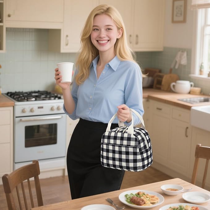 BTOOP Lunch Box for Women Men Cute Corduroy Lunch Bags Large Capacity Insulated Lunch Tote Bag For Work Travel Or Picnic (Black-White-Grey Checkered)