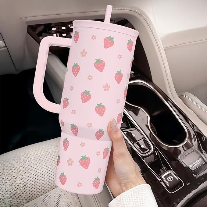 Strawberry Tumbler with Handle 40oz – Insulated Stainless Steel Travel Coffee Mug Cup for Girls Women, Gift for Christmas, Birthday