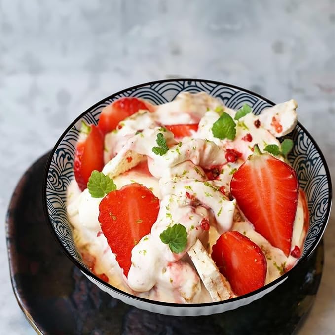 QINLANG 6 Inch Blue and White Porcelain 30 oz Bowls Set of 6 for Soup, Cereal, desserts, ice cream and Rice - Wave Pattern