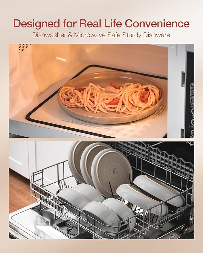 Famiware Milkyway Dinnerware Set with Mugs, Service for 4 (16pcs), Ribbed Stoneware Plates and Bowls Dishes Sets - Chip & Scratch Resistant, Microwave & Dishwasher Safe, Light Gray