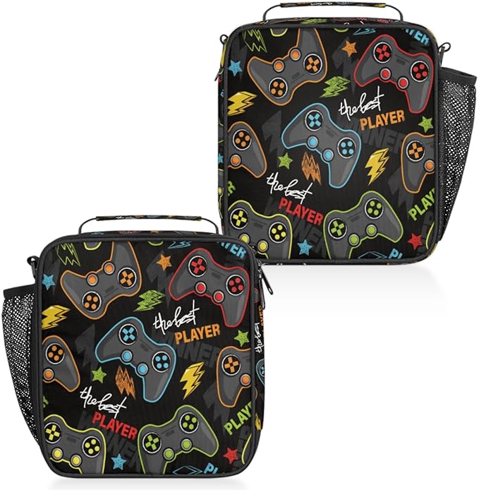 Abstract Joystick Game Lunch Bag Box for Kids Boys Girls Black Insulated Lunch Tote Bag with Adjustable Shoulder Strap Reusable Waterproof Thermal Cooler Bag for School Work Picnic Women Men