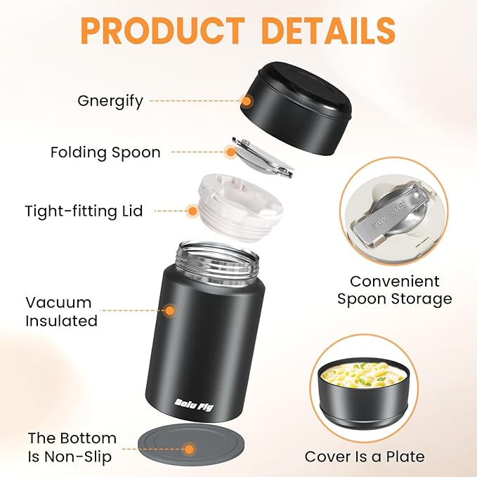 2 Pack Soup Thermo for Hot Food for Adults, Insulated Food Jar, Stainless Steel Vacuum Thermal Lunch Box Containers with Carry Bag and Spoon (18.5oz, 27oz) (Black)