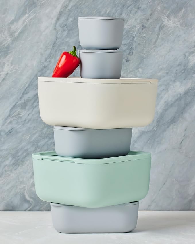 Caraway 6pc Glass Food Storage Set – 4.4 Cup Food Containers (6) - Ceramic Coated - Non Toxic, Non Stick with Lids - Microwave Safe - Cream