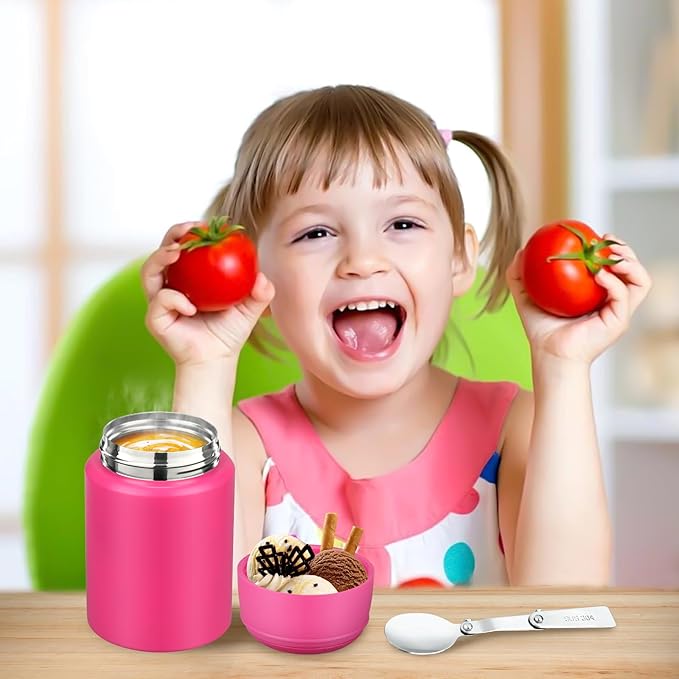 17oz Soup Thermo for Hot Food Kids Insulated Food Jar,Thermo Hot Food Lunch Container, Width Mouth Stainless Steel Lunch Box for Kids with Handle Folding Spoon(Rose Red-Pure)