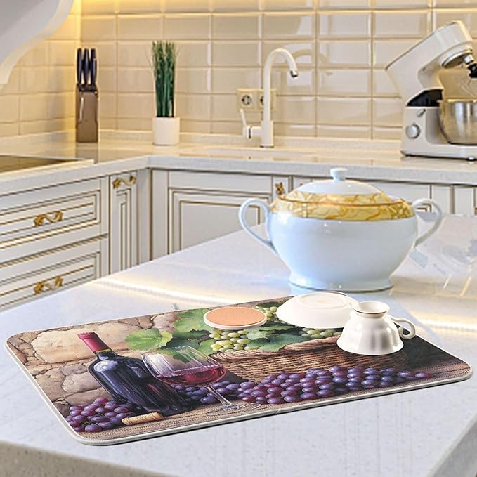 Wine Bottle Wine Glass Grapes Dish Drying Mat for Kitchen Counter Super Absorbent Dishes Pad Reversible Microfiber Protector Dish Draining Mats 16x18 inch