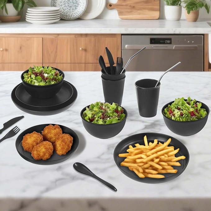 64PCS Wheat Straw Dinnerware Set BPA Free Unbreakable Reusable Dinnerware Set Kitchen Cups Plates and Bowls Sets Dishwasher Microwave Safe Plates