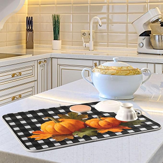 Pumpkins and Fall Leaves Dish Drying Mat for Kitchen Counter Super Absorbent Dishes Pad Reversible Microfiber Protector Dish Draining Mats 18x24 inch