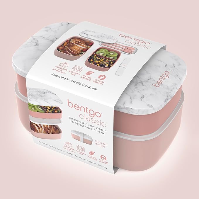 Bentgo Classic - Adult Bento Box, Stackable 3-Compartment Lunch Box with Removable Utensil Set and Sealing Strap, BPA-Free, Food Container Ideal for Meal Prep, Work, and On the Go (Blush Marble)