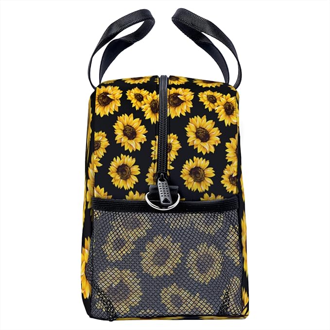 Sunflower Black Background Lunch Bag for Women Men Cute Large Capacity Thermal Lunch Tote Reusable Washable with Adjustable Shoulder Strap and Dual Large Mesh Side Pockets