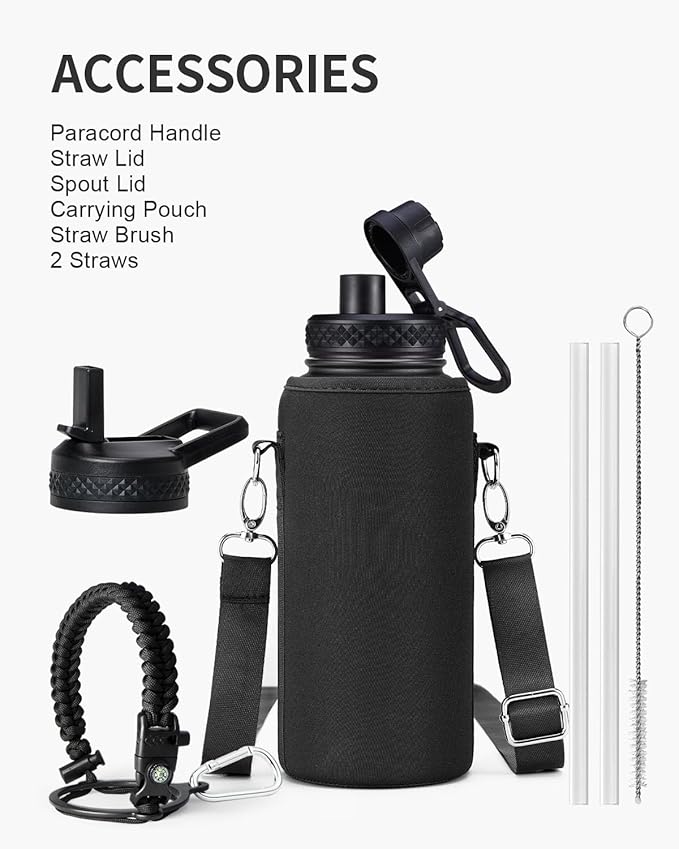 32oz Insulated Water Bottle,Stainless Steel Vacuum Water Bottle, BPA-Free & Leakproof -with Paracord Handle,Strap,Straw Spout Lids,Large Water Jug for Gym Sports