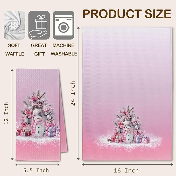 Pink Coquette Bow Christmas Snowman Kitchen Towels, Preppy Winter Dish Towels Drying Cloth for Kitchen, Winter Holiday Xmas Snowman Decorative Hand Towel for Bathroom, 16x24 Inch