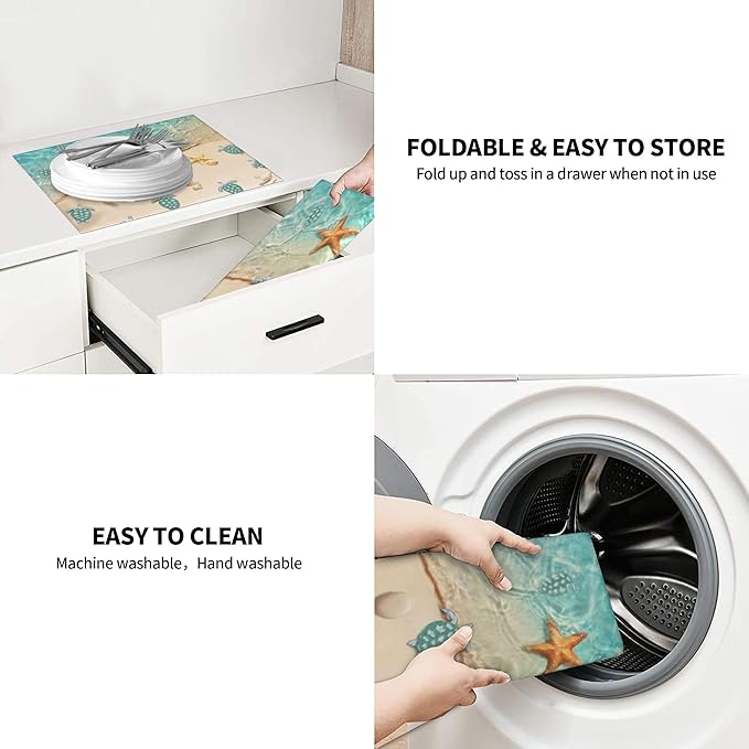 Sea Turtles Beach Dish Drying Mat for Kitchen Counter Washable Absorbent Reversible Microfiber Teal Nautical Decor Drying Pad Kitchen Accessories 16x18 Inch Yellow