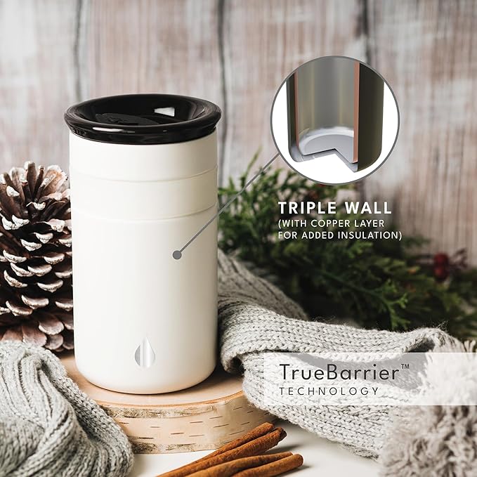 Elemental Artisan Insulated Tumbler, Triple Wall Coffee Travel Mug, Reusable Stainless Steel Coffee Tumbler with Ceramic Lid, Thermal Coffee Cups for Hot (6 Hrs) & Cold (18 Hrs), 12oz - Matte White