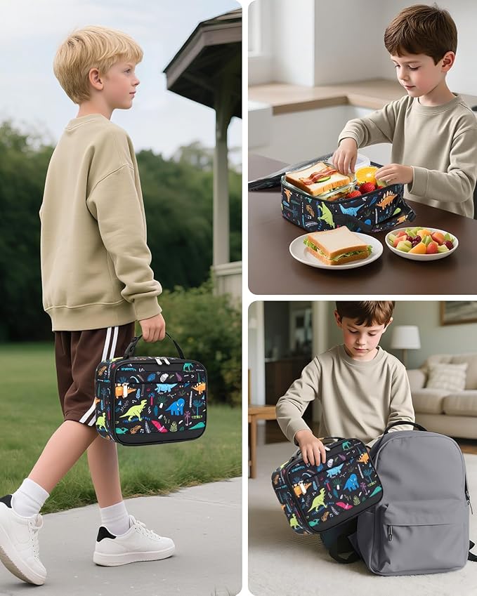 Tuwubi Kids Lunch Bag Insulated Lunch Box for Kids Small Lunch Bag for Boys/Girls Durable Lunchbox for School,Black Dinosaur 10-Can(5L)