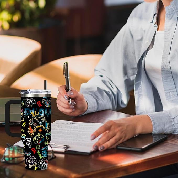 Gamer Gifts for Men Boys Tumbler with Handle and Straws 30oz Stainless Steel Gamer Insulated Travel Cups - Birthday Present for Men, Dad, Son, Husband - Gaming Gifts for Him Coffee Mugs