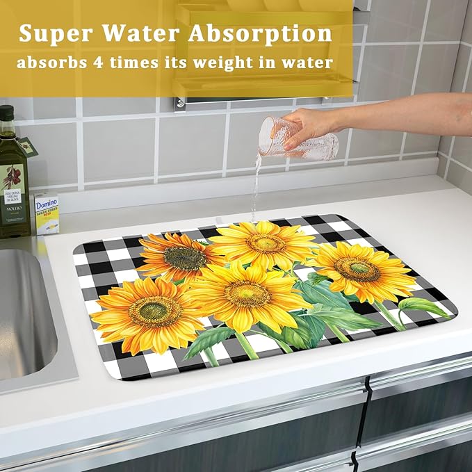 Sunflower Drying Mats for Kitchen Counter 18×24 Inch Black and White Buffalo Plaid Sunflower Large Drying Mat for Dishes Microfiber Dish mat Rack Mat Drainer Pad Washable Absorbent Dry Mat