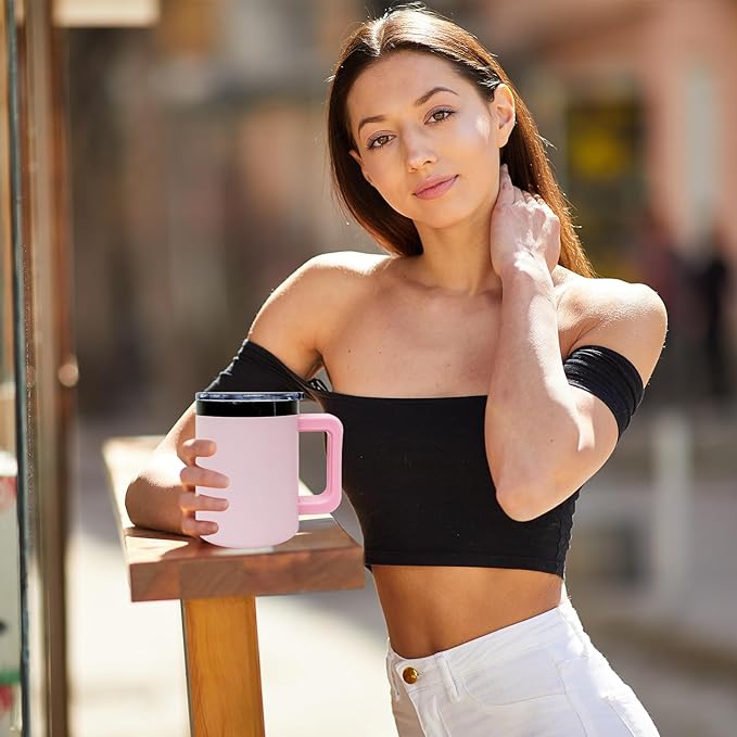 10 oz Tumbler with Handle and Straw Stainless Steel Insulated Coffee Mug for Laser Graving Powder Coated Cup with Black Plated(Pink,1 pack)