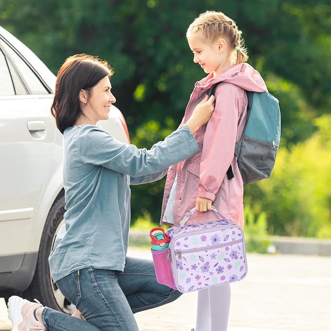 Bagseri Kids Lunch Bag for Girls - Insulated Kids Lunch Box for Daycare and School Reusable Meal Tote Bag with Water Bottle Holder, Easy-Clean Water-Resistant Fabric, Purple Floral