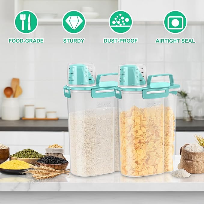 TBMax Rice Container Cereal Storage Container 2 Pack 5 Lbs, Kitchen Pantry Dry Food Storage Holder with Easy-Pouring Spout & Handy Cup, Small Pet Dog Cat Food Dispenser for Daily Feeding -Cyan