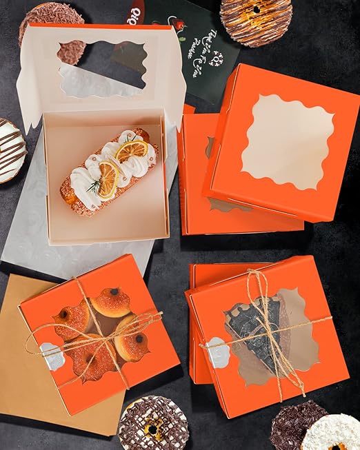 qiqee Orange Cookie Boxes with Window 36packs 6x6x3 Orange Bakery Box Pastry Box for Wedding Favor Birthday & Party