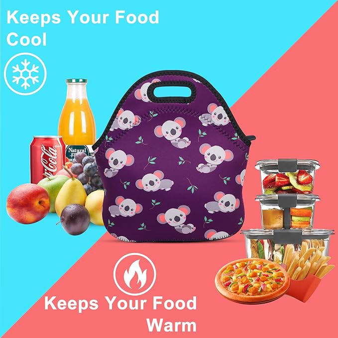 Violet Mist Womens Cute Reusable Neoprene Lunch Bag Insulated Lunch Box Koala Animal Cartoon Thermal lunch bags Bag Waterproof Food Handbags Koala Meal Prep Travel Work Gifts for Women Men Lady Adult