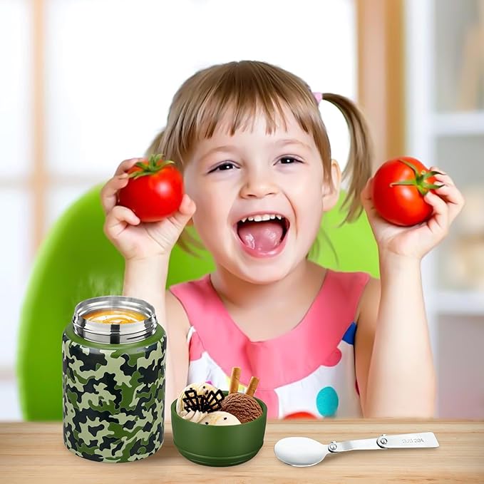 17oz Soup Thermo for Hot Food Kids Insulated Food Jar,Thermo Hot Food Lunch Container, Width Mouth Stainless Steel Lunch Box for Kids with Handle Folding Spoon(Army Green - Camouflage)