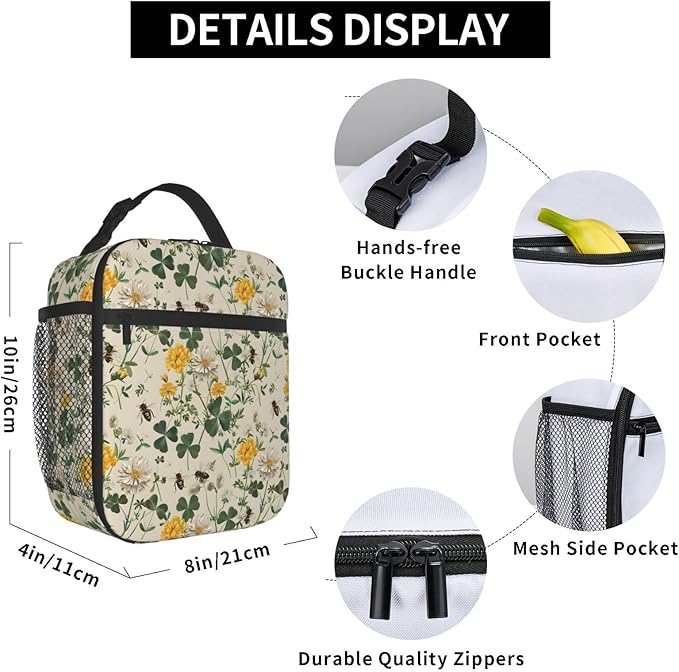 Cheerful Blossoms and Bees Lunch Box for Women Men, Insulated Lunch Box, Reusable Lunch Bag for Office, Work, Picnic, Travel