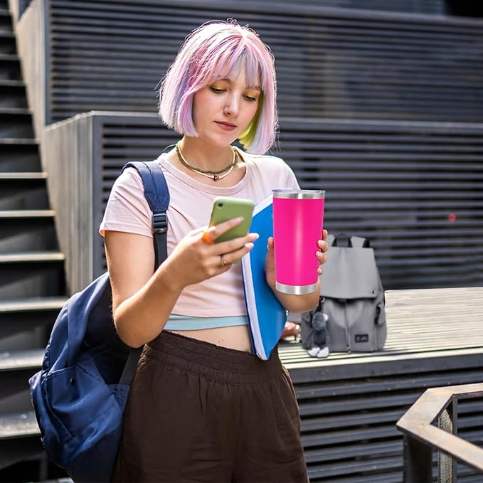 20 oz Tumbler Coffee Tavel Tumblers Bulk with Lid Stainless Steel Double Wall Vacuum Insulated Mug Powder Coated Cups fit Car Cupholder for Hot and Cold - Hot Pink, 8Pack