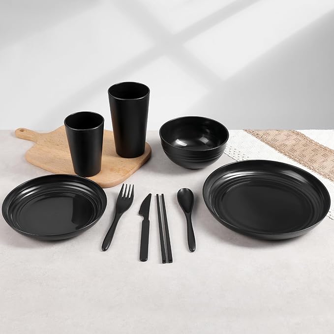 72 Pcs Plates and Bowls Sets, Unbreakable Wheat Straw Dinnerware Set Service for 8, Plastic Dish Set, Reusable Plates Bowls Cups for Kitchen, Camping, Outdoor, Dorm Microwave & Dishwasher Safe, Black