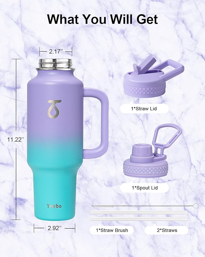 Trebo 40 oz Water Bottle Insulated Fit Car Cup Holder with Handle, Stainless Steel Water Bottles Tumbler with Spout Straw Lids, Double Wall Travel Reusable Flask, Leakproof Mug,Keep Cold &Hot,Purple