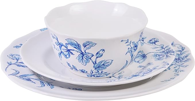 222 Fifth 12-Piece Porcelain Dinnerware Set for 4, White & Blue Plates and Bowls Set, Glossy Ceramic Dish Set with Beautiful Floral Design, Elegant Kitchen Dishes, Microwave & Dishwasher Safe, Bellamy