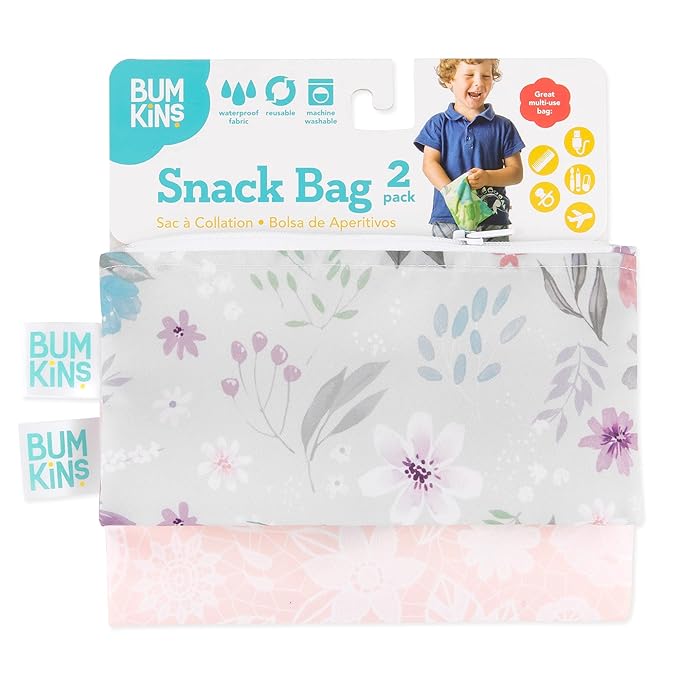 Bumkins Reusable Snack Bags, for Kids School Lunch and for Adults Portion, Washable Fabric, Waterproof Cloth Zip Bag, Supplies Travel Pouch, Food-Safe Storage, 2-pk Floral and Lace