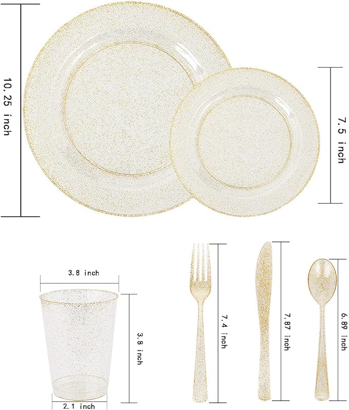 WELLIFE 175 Pieces Gold Glitter Plastic Plates with Silverware and Cups, Includes: 50 Plates, 50 Forks, 25 Knives,25 Spoons and 25 Cups for Party