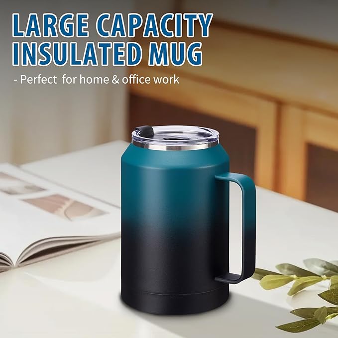 32/50oz Mug Tumbler with Handle and Straw - 32 oz Stainless Steel Wide Mouth Travel Coffee Cups w/ Lid, Reusable Home Office Work Mugs, Double Wall Vacuum Insulated Bottle Keep Cold 36 Hrs Hot 24 Hrs