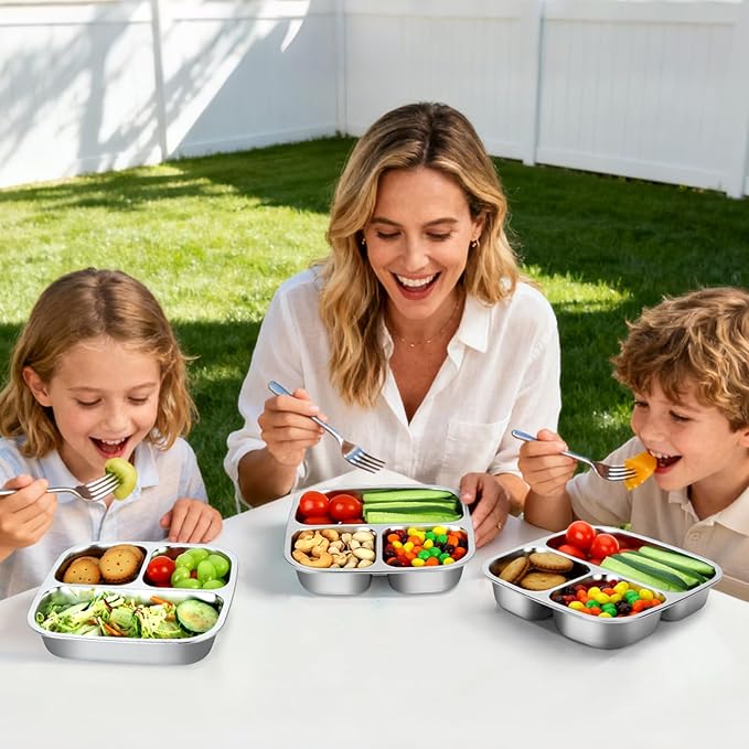 RAOOKIF 2 Pack Stainless Steel Snack Containers, 3 Compartment Reusable Snack Containers With Lids, Grab and Go Snack Container for Schools, Homes, Offices, and Camping, Dishwasher-Safe (7 * 7 inch)