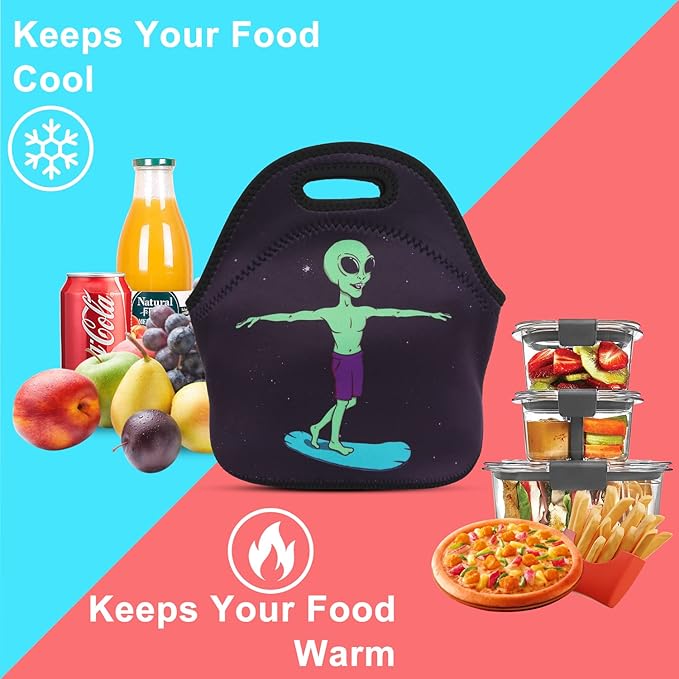 Violet Mist Women's Reusable Neoprene Lunch Bag, Alien Insulated, 11.42"L x 10.43"H x 5.51"W, 8.7 inches, fits containers up to 7"W x 6"L